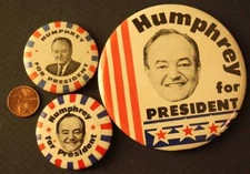 1968 Hubert H. Humphrey for President 3 different pins matching photo & slogan -