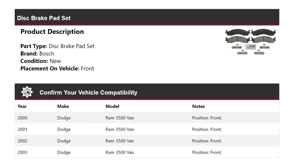 For 2000-2003 Dodge Ram 3500 Van Bosch Disc Brake Pad Set Front 2001 2002 - Image 2 of 3