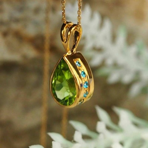 14K Yellow Gold Over Pear Cut Peridot & Blue Topaz Teardrop Pendant Necklace - Picture 4 of 6