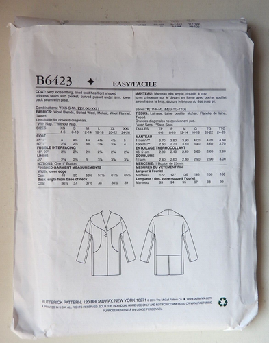 Butterick B6423 sewing pattern Lined Coat w/ single button 16-26 UNCUT Lisette - Picture 3 of 3