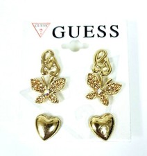NEW 3 PC SET GUESS GOLD TONE,PINK CRYSTALS,HEART,BUTTERFLY,LOGO STUD EARRINGS