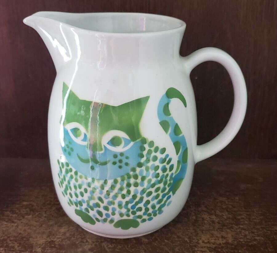 Arabia Finland Midcentury Blue Green Kissa Cat Large Pitcher Kaj