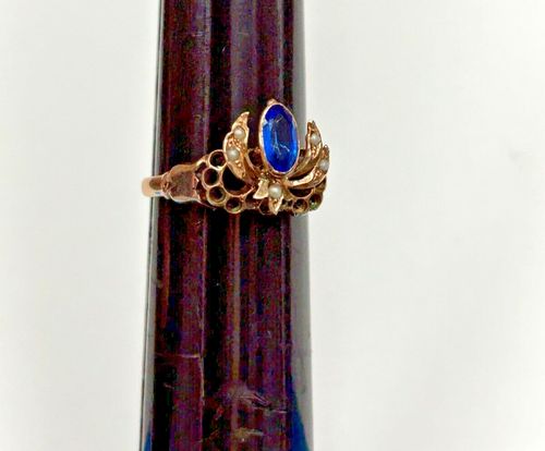 Antiguo anillo eduardiano/victoriano oro rosa 14K abeja talla 8,5 con perlas semillas - Imagen 2 de 10