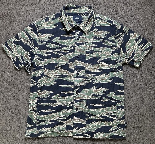 Y2K Stussy Men’s Camo Small Button Up Shirt Street Wear Rare NWT Camouflage SS