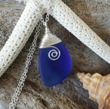 Handmade in Hawaii, Wire wrapped cobalt blue sea glass necklace,  gift box,
