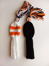 2 White/black Hand Knit GOLF CLUB HEADCOVERS 8" fit putter, iron, hybrid, wedges