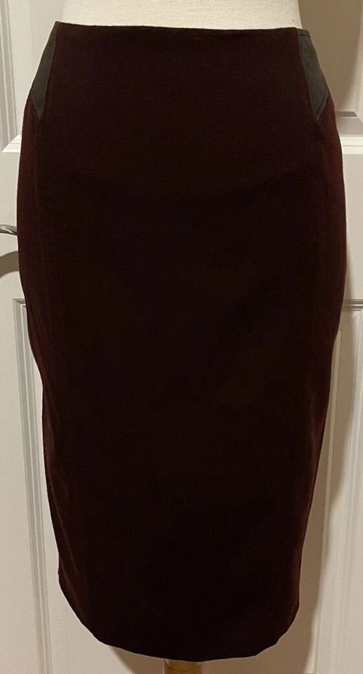 Falda Donna Karan NY Borgoña Lana/Cuero Detalle Talla 6~ ESTILOSA~Hecha en Italia Foto 4 de 4