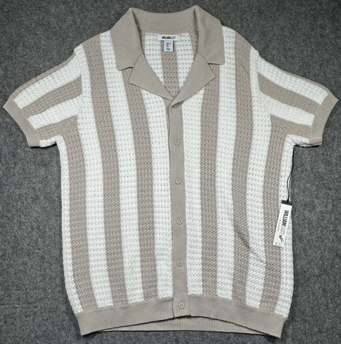 William Rast Crochet Button Up Short Sleeve Shirt Mens L Stripe White/Tan Boho