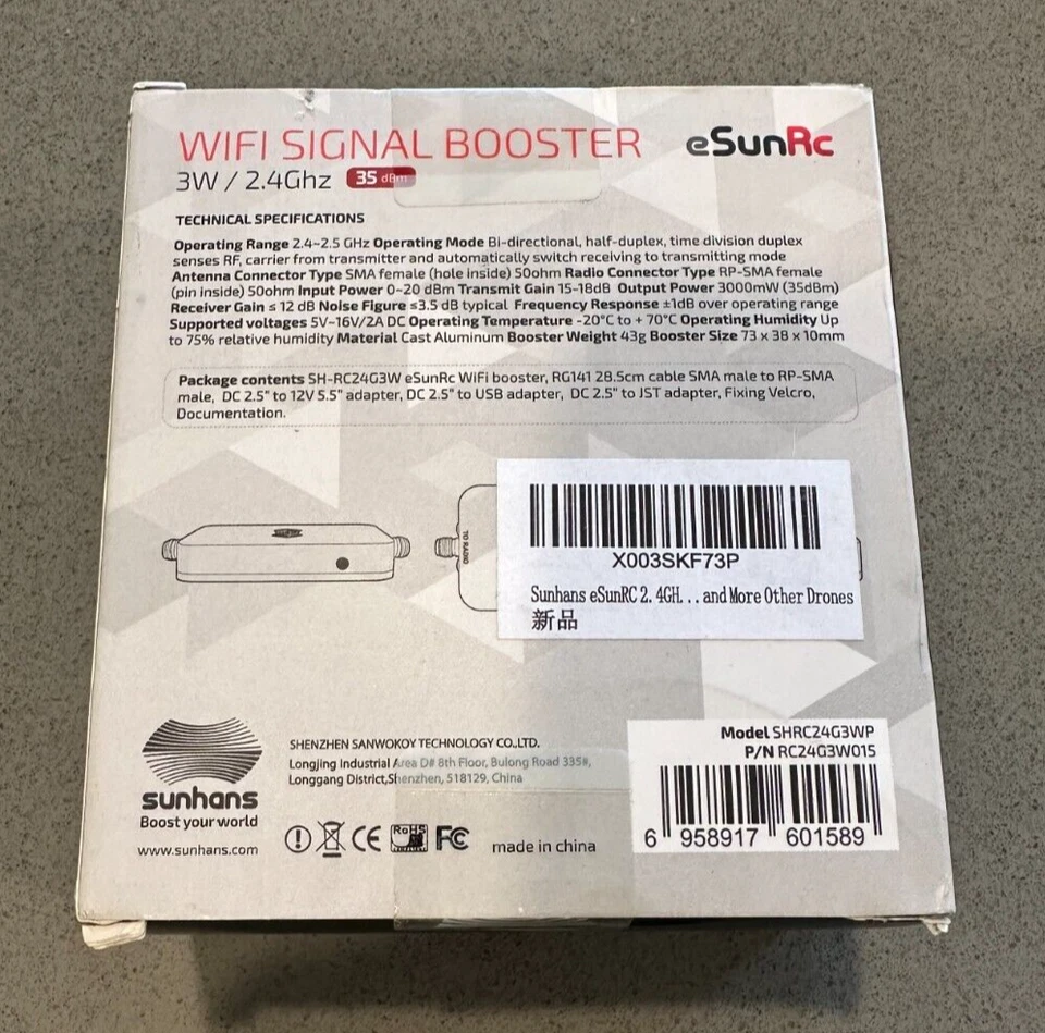 Amplificador UAV Sunhans eSunRC SH-RC24G3W 3000mW 2.4Ghz 35dBm amplificador de sinal WiFi - Imagem 2 de 3