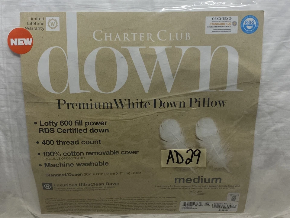 Charter Club Premium White Down Medium Density Standard/Queen Pillow New - Image 3 of 4