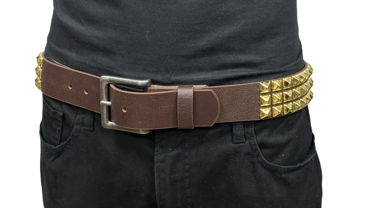 Brown Three Row Gold Pyramid Stud Belt Leather Handmade