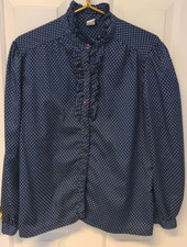 Vtg Pins Needles Blue Polka Dot Ruffle Stand Up Collar Top USA Large Career