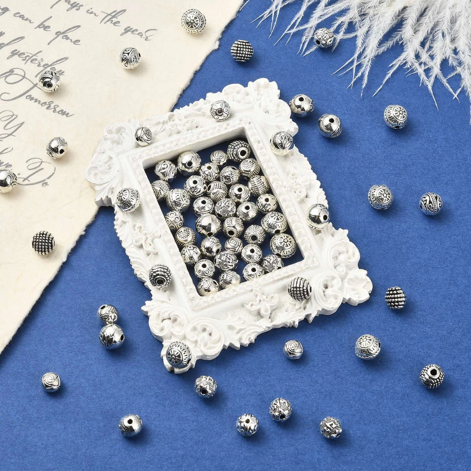 100 piezas cuentas espaciadoras sueltas redondas tibetanas de plata para pulsera collar joyería hágalo usted mismo Foto 2 de 4