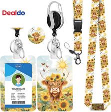 Highland Cow Sunflower Lanyards for ID Badges,Cute Floral ID Badge Holder with B