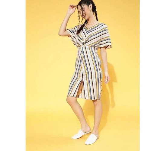 Berrylush Longline XL Junior Stripe Elastic Waist Front Slit Yellow Blue Boho