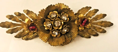 VINTAGE EARLY MIRIAM HASKELL UNSIGNED GOLD TONĘ BAR BROOCH PIN w ROSE MONTEES