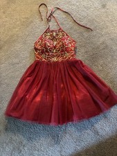 Royalty Red Halter Fit & Flare Floral Beaded Satin Short Dress Juniors 7/8