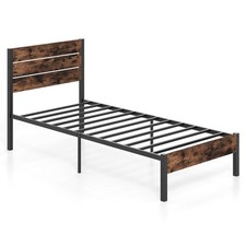 Twin Bed Frame w/ Tall Industrial Headboard Heavy-Duty Metal Slats Support