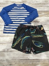 Tea Collection Boys 3t Blue Striped Long Rash Guard  Sea Life Swim Trunks Set