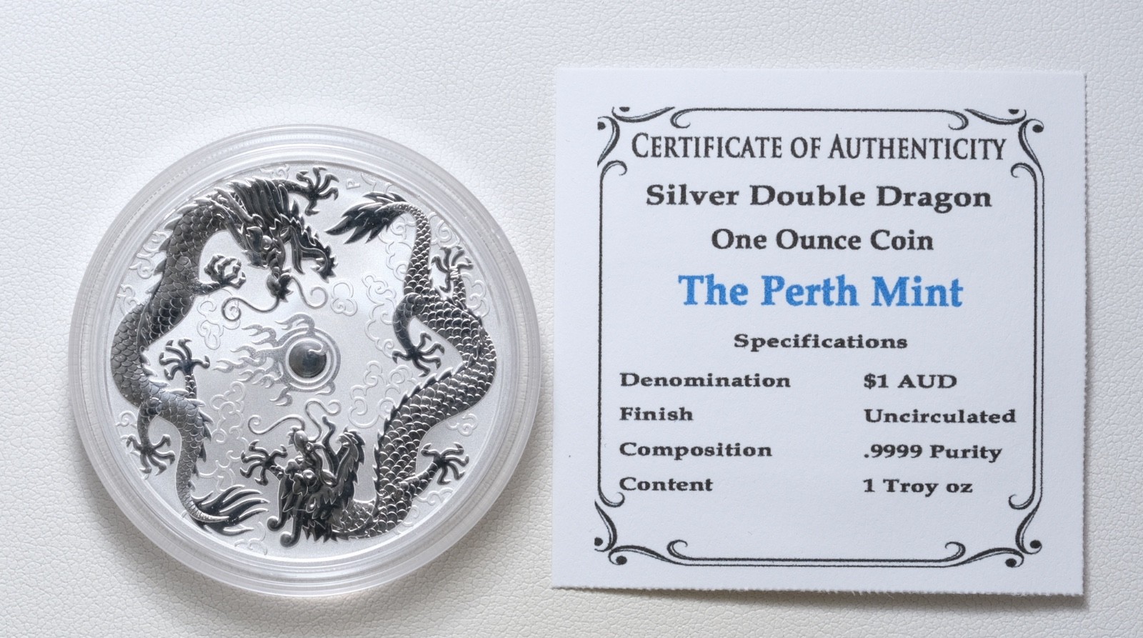 The Perth Mint 2019 Silver Double Dragon One Ounce Coin W/COA
