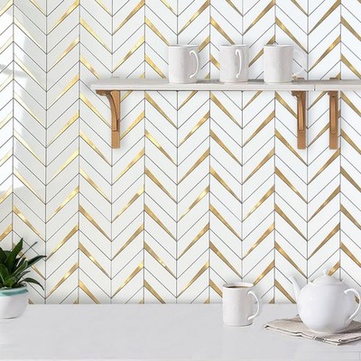 10-Sheet Herringbone Tile Peel and Stick Backsplash, Polished White PVC Mixed...