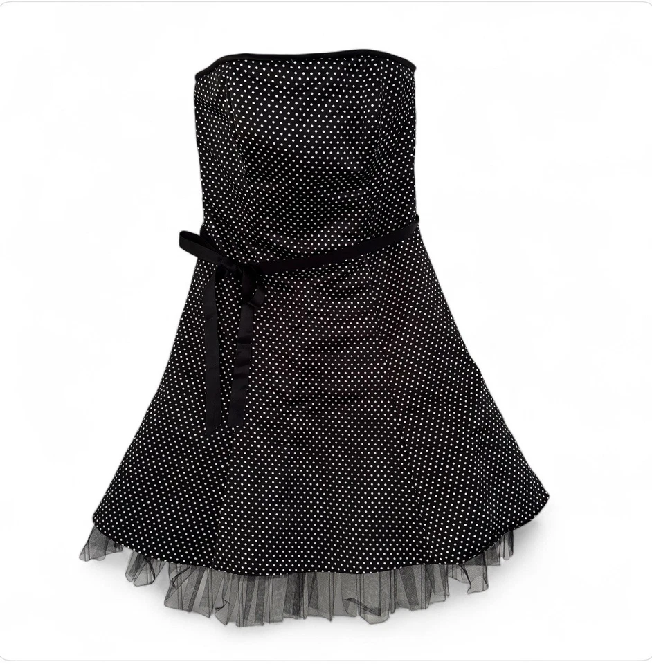 Vestido Jessica McClintock Gunne Sax Talla 7 Sin Tirantes Corto Lunares Tul Formal Foto 3 de 4