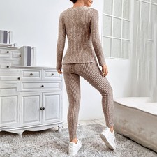 Women  s 2 Piece Lounge Set Ribbed Knit Long Sleeve Pajamas
