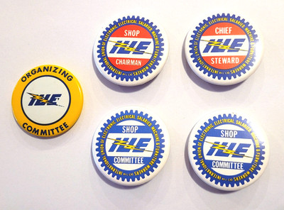 Vintage metal IUE Union Organizer Committee pin buttons - Shop Steward 1970s set