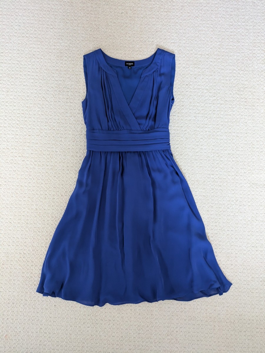 Hobbs Women's Blue Silk V-Neck Sleeveless Dress with Rear Tie Size 10
