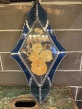 Vtg Dried Flowers Blue Stained Glass Hanging 12 3/8x 6 5/8   Suncatcher