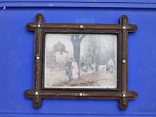 Antique Folk Art Green Painted Victorian Eastlake Porcelain Button Wooden Frame