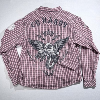   VTG Y2K Ed Hardy Plaid Dragon Embroidered Snap Down Button Up Shirt Men XL