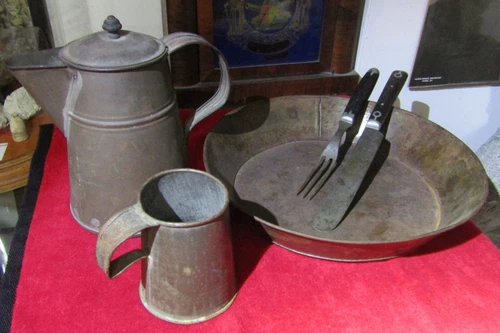 Antique Civil War Soldier's Tin Campsite Set ~Cup, Coffee Pot, Pan, Fork & Knife