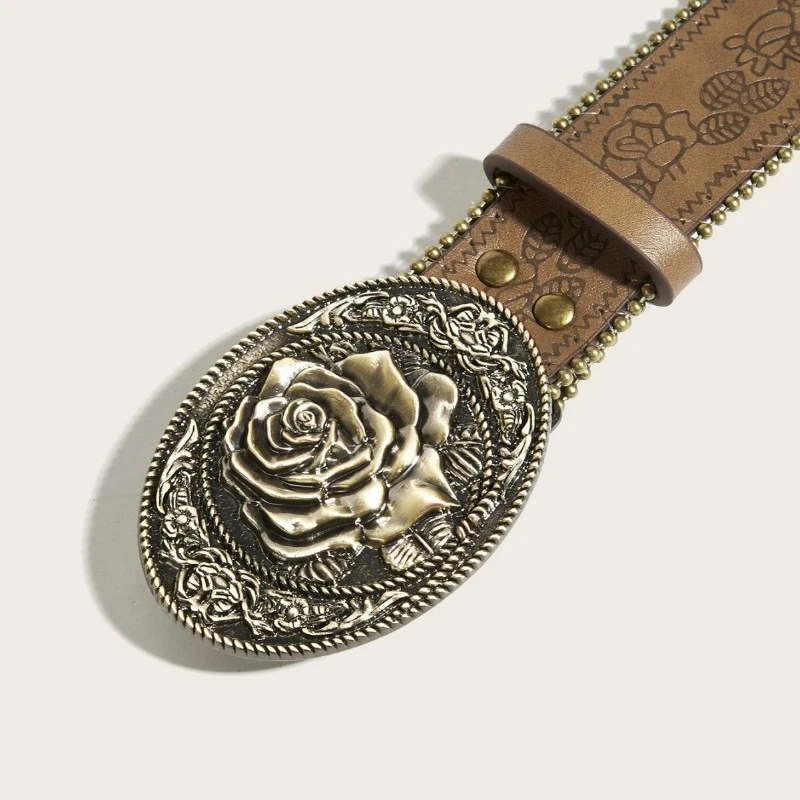 Women Durable Floral Waist Belt Adjustable Rose Metal Buckle Vintage Style - image 3 of 4