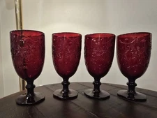 4 Princess House Fantasia Dark Ruby Red Crystal Beverage Tea Glasses Poinsettia