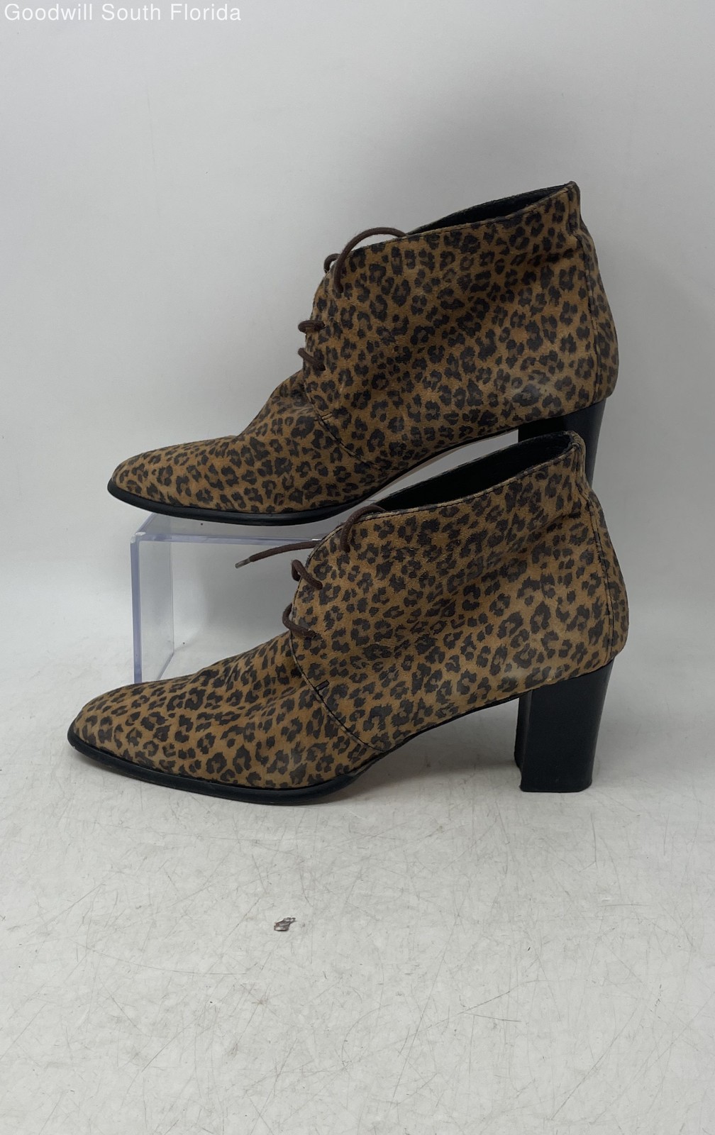 Pepe Jimenez Womens Brown Leopard Lace-Up Block Heel Ankle Booties Size 9M
