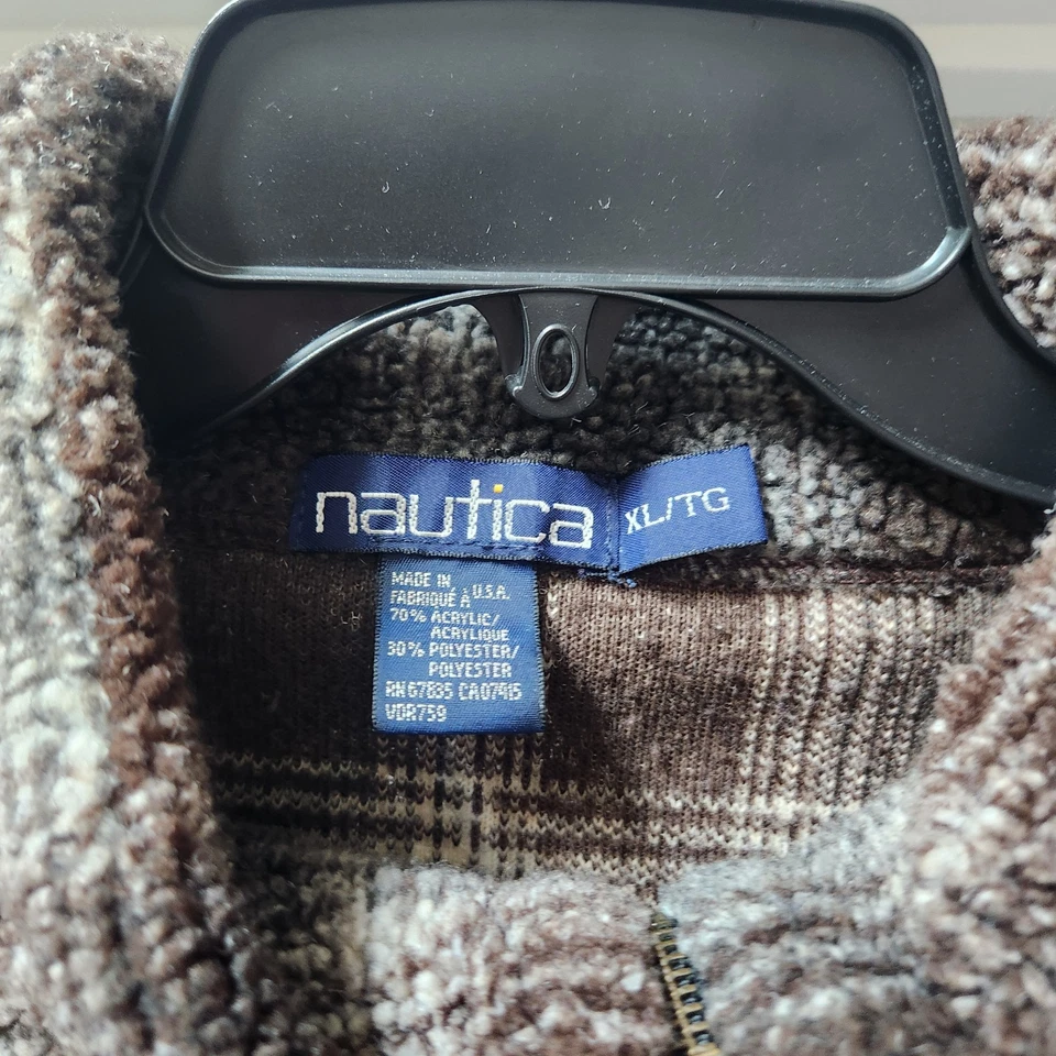 Pulôver masculino vintage Nautica quarto de zíper marrom cinza xadrez creme lã GG - Imagem 3 de 4