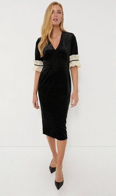 Tuckernuck Black Velvet Odette Midi Dress Lace Trim Preppy Elegance Large NWOT 