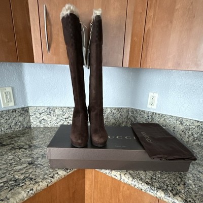 Gucci Women's Brown Suede Fur Lined Knee High Wedge Boots 296265