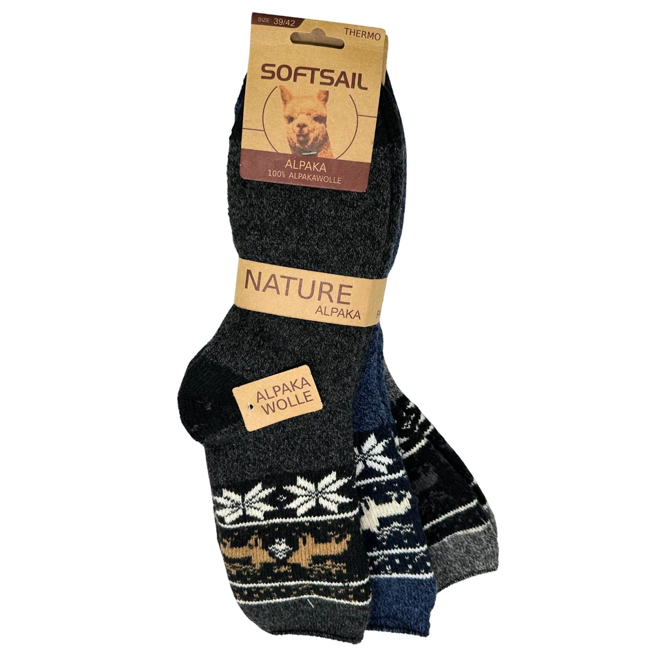 3 Paar Alpaka Socken Herren Damen Wollsocken Wintersocke dick gestrickt Strümpfe - Bild 2 von 4