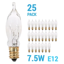 25 Pack CA5 Bulbs Flame Tip Chandelier Lamp 120V 7.5W Candelabra E12 Base Clear