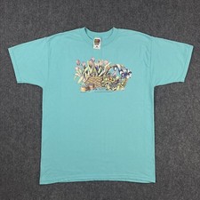 Vintage Fruit of the Loom 50/50 Teal Green Floral Graphic T Shirt Adult Large