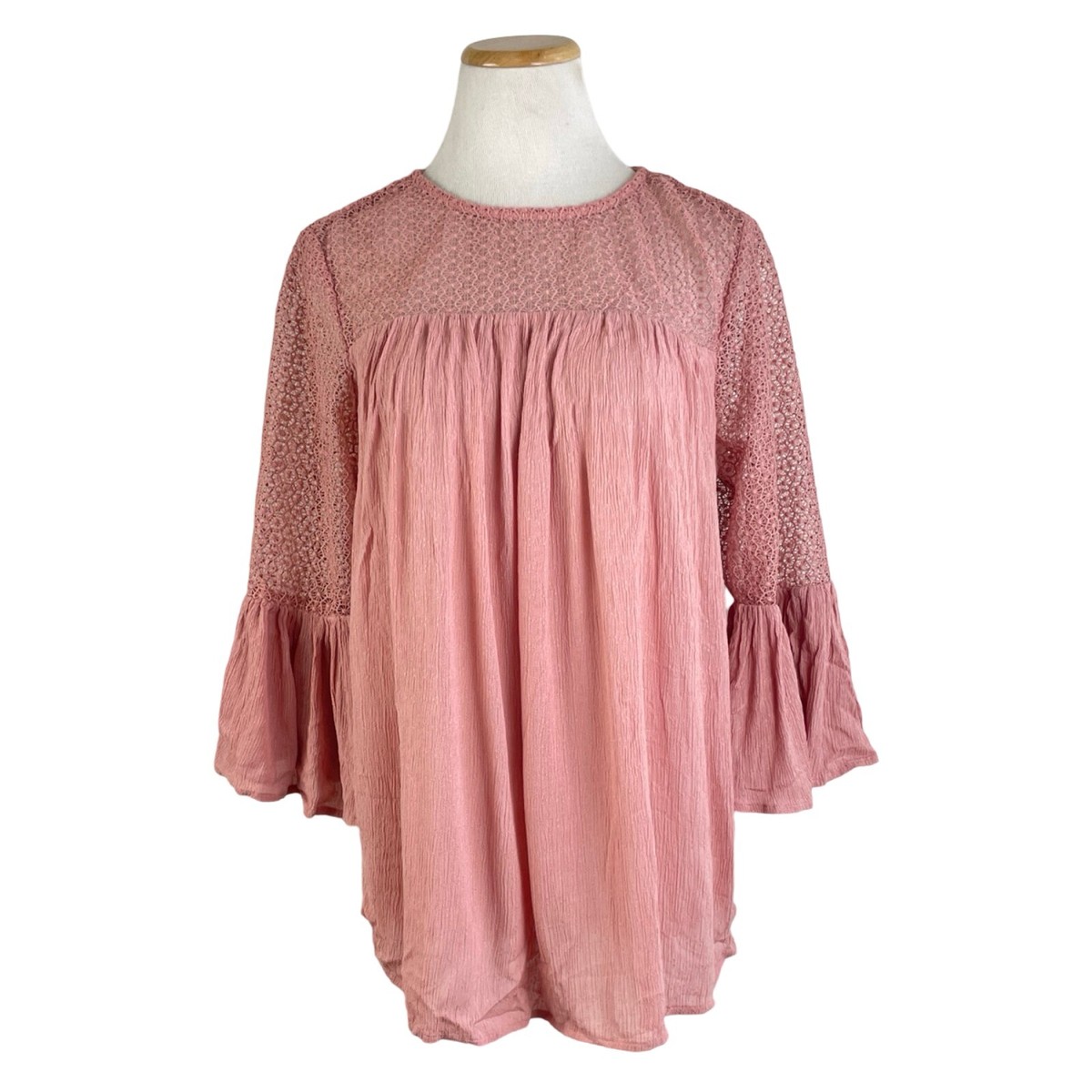 GAP Blouse Top Tunic Boho Pink Passion Rose Lace Bell Sleeve Size 