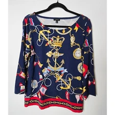 Talbots Nautical Print Top Anchor Crown 3/4 Sleeve Navy Blue Red Medium