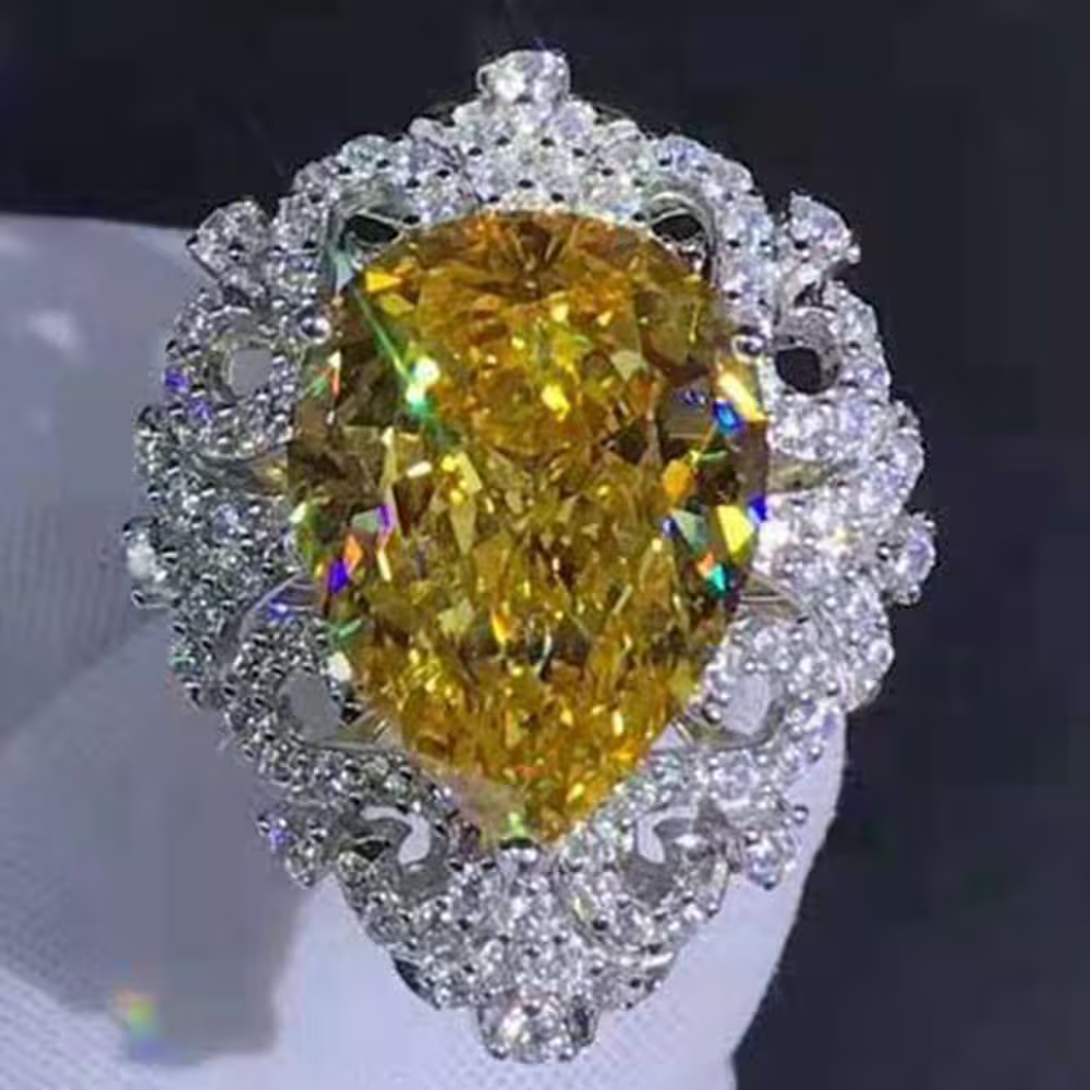 10Ct Pear Vivid Yellow VVS Halo 18K Moissanite Ring