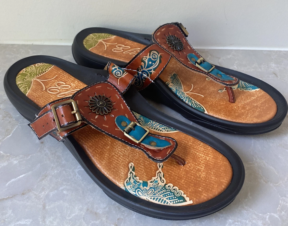ELITE by Corky s Leather SANDALS HOLLY Womens 9 M Hand Painted