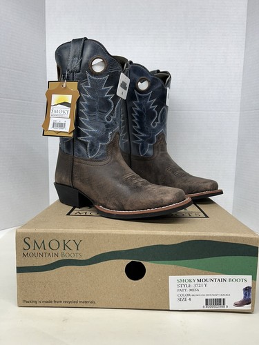 New Smoky Mountain Cowboy Boots Mesa Brown Distress Navy Crackle Youth 4 Women 6
