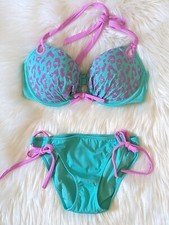   NEW Victorias Secret Gorgeous Padded Teal Berry Sequin Cheetah Bikini 36C/S  