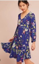 Anthropologie Maeve Maplewood Blue Floral Print Long Sleeve Dress Woman's Sz XS