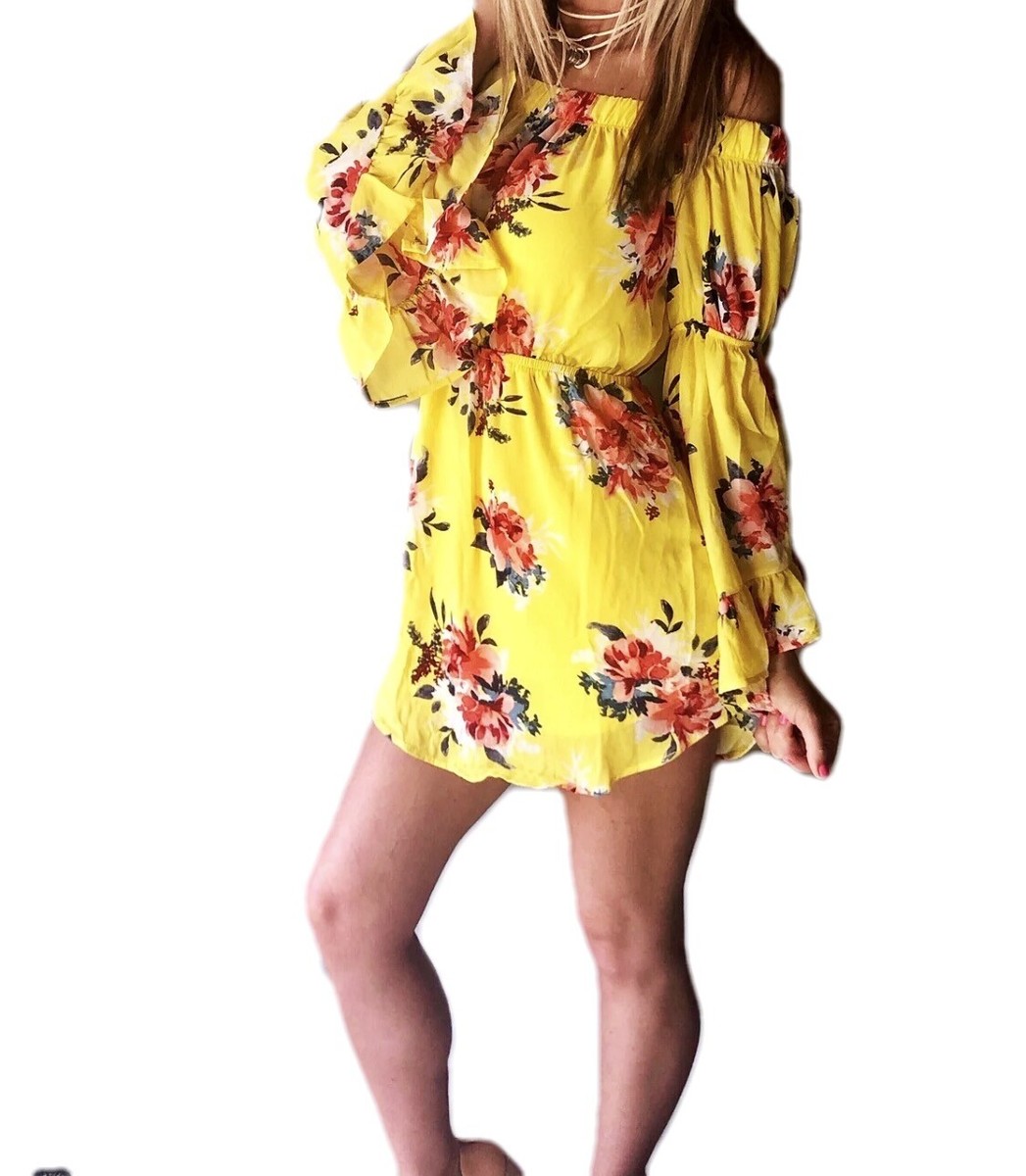 Off Shoulder Floral Print Long Bell Sleeve Mini Spring Summer Tunic Sun  Dress | eBay